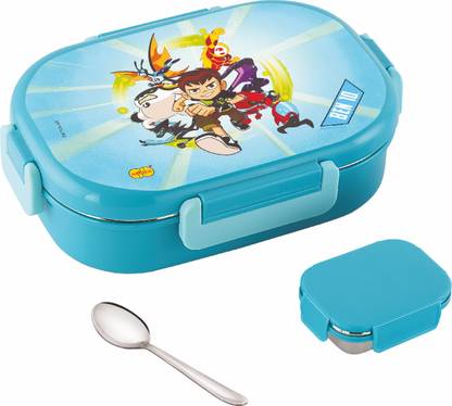 NAKODA SCHOOL LUNCH BOX|650ML WITH 150ML CONTAINER|STEEL SPOON|BEN10|LIGHT BLUE 2 Containers Lunch Box