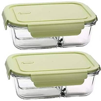 JIGSHTIAL Glass Lunch Box Microwave Oven Safe 3-Compartment Glass Storage Box 2 Containers Lunch Box