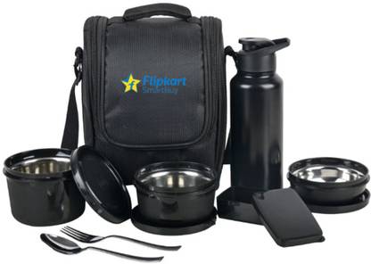 Flipkart SmartBuy Stainless Steel Lunch Box with Pickle Box, Steel Spoon & Fork | Microwave Safe 4 Containers Lunch Box