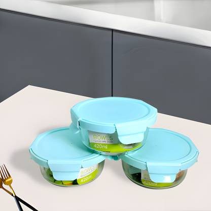 Lemon Tree Round Borosilicate Glass Food Storage Lunch Box Tiffin with Airtight LID, Set of 3 Containers Lunch Box