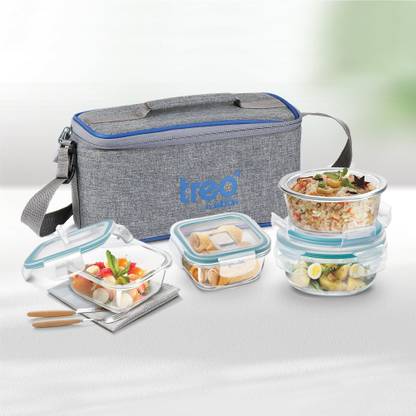 TREO Borosilicate All Fresh Omni Glass Tiffin 4 Containers Lunch Box