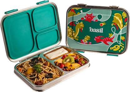 BASIL Bento Box - Lunch Box for Kids| Stainless Steel| Leak Proof| - Green 3 Containers Lunch Box