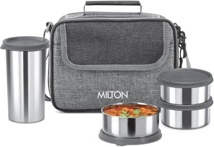 MILTON Daily Meal Lunch Box with Bag, 3 Containers 300 ml each & Tumbler 400 ml Grey 3 Containers Lunch Box