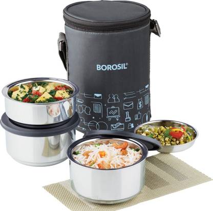 BOROSIL Carry Fresh Lunchbox, 3pc Set (280ml x 2 + 180ml x 1) Steel Tiffin for Office 3 Containers Lunch Box