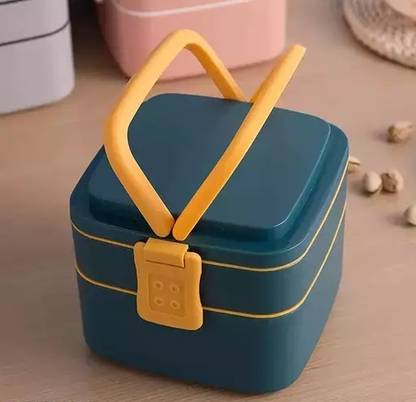 JIYANSH Double-Layer Portable Lunch Box Blue for Kids,Adults carrying Handle and Spoon. 2 Containers Lunch Box