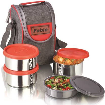 FABLE 3 Steel Leak Proof Container With 1 Small Plastic Box & Insulated Carry Bag 4 Containers Lunch Box