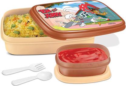MILTON Fun Time Tom and Jerry Cartoon Print Polypropylene Kids Tiffin Spoon and Fork 2 Containers Lunch Box