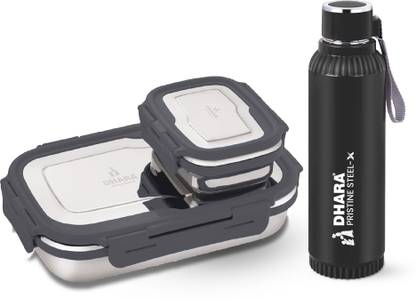 Dhara Stainless Steel Quench 700 ml Water Bottle + Blaze Tiffin Box 900ml and 200ml,(Black) 2 Containers Lunch Box