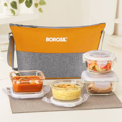 BOROSIL Zest Daisy Glass Lunchbox, 4pc Container (320ml x 2 Square + 240ml x 2 Round) 4 Containers Lunch Box