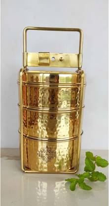 IndianArtVilla Brass With Inside Tin Lining Hammered Design Lunch/Tiffin Box 3 Containers Lunch Box
