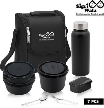 Sigri-wala Black Lunch Box Microwave Safe Set of 7 with Bottle|Bag & Cutlery 7 Containers Lunch Box
