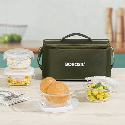BOROSIL Eateasy Universal Glass Lunchbox, 4pc (320ml x 2 Square + 240ml x 2 Round) 4 Containers Lunch Box