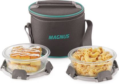 Magnus G-Lock Solid Glass Lunch Box with Vertical Pouch and Detachable Clip 2 Containers Lunch Box