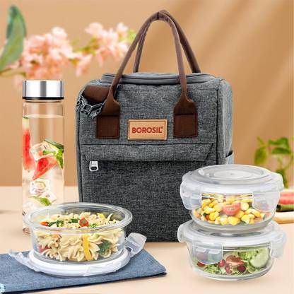 BOROSIL Pro Lunchbox, 3 pc Set (400ml Each) + 1 (550ml) Glass Bottle, Microwave Safe 3 Containers Lunch Box