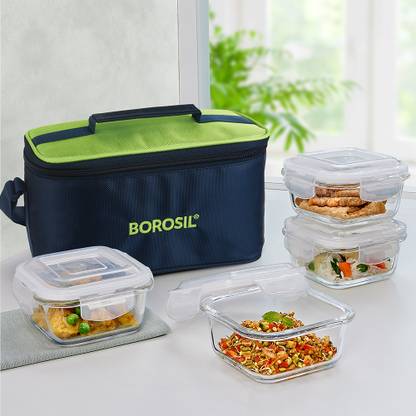 BOROSIL Green Lunch Box Set of 4 (320 ml Each) with Bag, Microwave Safe, Leak Proof 4 Containers Lunch Box