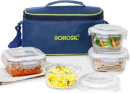 BOROSIL Klip-n-Store Lunch Box with Bag, 320ml x 2 Square + 240ml x 2 Round 4 Containers Glass Office Lunch Box