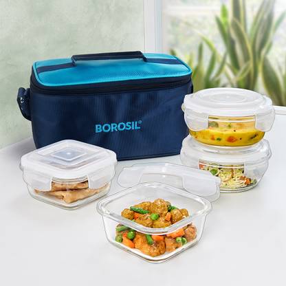 BOROSIL Alfa Blue Universal Lunch Box, Set of 4 (320 ml x 2 Square + 240 ml x 2 Round) 4 Containers Lunch Box