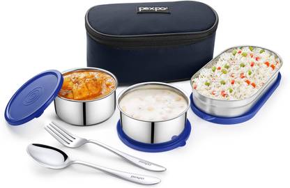 pexpo Delight Steel with 2 Round Containers (2*280ml) and Roti Box (400ml) and Spoon 3 Containers Lunch Box