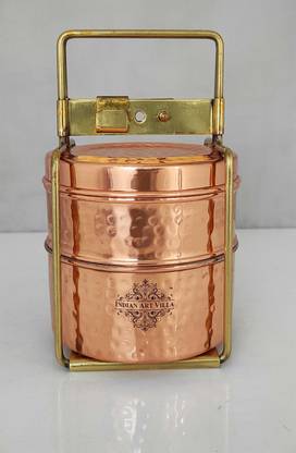 IndianArtVilla Pure Copper With Inside Tin Lining 2 Containers Hammered Design Lunch Box 2 Containers Lunch Box