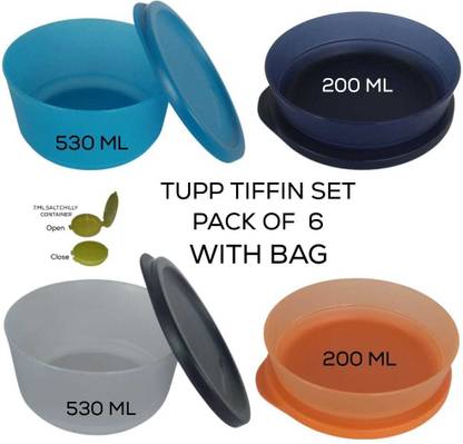 TUPPERWARE Tupp Tiffin Lunch Set, 4Container + 1Bag +1Salt pepper, (Pack of 6) 5 Containers Lunch Box