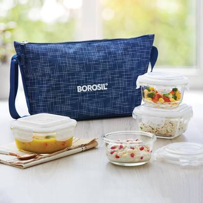 BOROSIL Lunchbox with Bag, 4 Pc (320ml x 2 + 240ml x 2) Tiffin 4 Containers Lunch Box