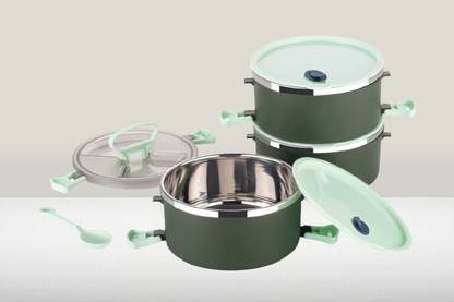 Shree R Enterprise Portable Leak-Proof 3 Layer Food Storage Containers Vacuum Insulated GRN129 3 Containers Stainless Steel College Lunch Box