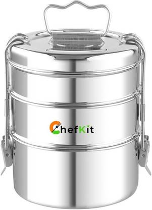 Chefkit Stainless Steel 3 Compartment Lunch Box/Tiffin with Handle for Daily Usage 3 Containers Lunch Box