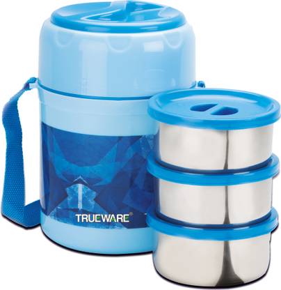 Trueware Fresh Meal Plus 3 Lunch Box with 3 SS Container,300 ml X 3 PU Insulated BPA Free 3 Containers Stainless Steel, Plastic Office Lunch Box