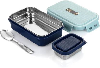 GALOOF 2 Compartment Stainless Steel Lunch Box for School Kids with Veg Box and Spoon 2 Containers Lunch Box