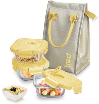 TREO Lumino Fresh Square Borosilicate Glass Lunch Box Set of 3 Yellow 320ml Each, Bag 3 Containers Lunch Box