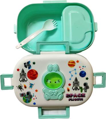 Gift Collection Kitty Design Plastic Lunch Box Container And Spoon. 4 Way Lock School Tiffin Box 1 Containers Lunch Box