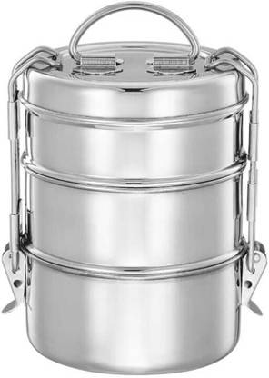 HOME SHINE PLUS Tiffin Container Space-Saving Handles | Stainless Steel | 3 Compartments 3 Containers Lunch Box