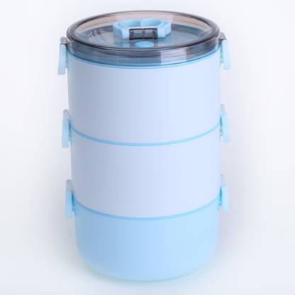 KUBER INDUSTRIES Insulated Plastic Lunch Box With 3 Compartments|3000 ML|HX0035097|Blue 3 Containers Lunch Box