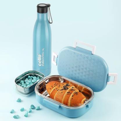 cello Altro Neo Set | Lunch Box 4 Sided Lock, 700 ml, Puro Steel-X Neo 900, 730ml Blue 2 Containers Lunch Box