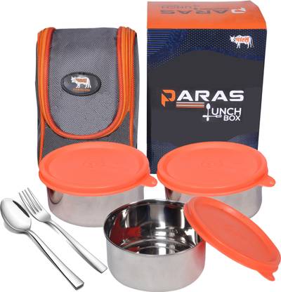 PARAS Premium Stainless Steel Tiffin Box With Carry Bag, Spoon & Fork 3 Containers Lunch Box