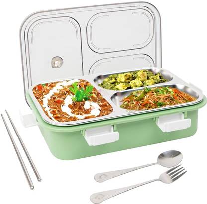 FUNVERSE Stainless Steel Lunch Box Leak Proof with Spoon, Fork & Chopstick For Kids 3 Containers Lunch Box