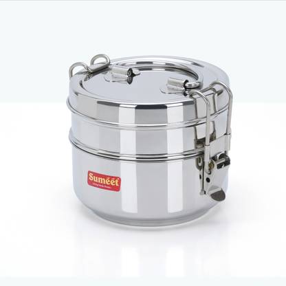 Sumeet Stainless Steel 2 Compartment Lunch Box / Tiffin with Lid and Handle,11.5Cm Dia, 2 Containers Lunch Box