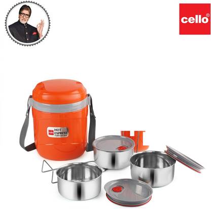 CELLO LUNCH PACKS -HOT EXPRESS 3 + PURO SPORTS 600 3 cello Lunch Box Hot Express | Insulated Lunch CarrierHygienic & odourless 3 Containers Plastic, Stainless Steel Office Lunch Box