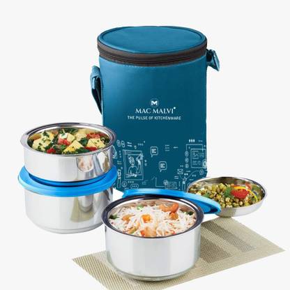 Mac Malvi Stainless Steel Lunch Box with Carry Bag,(280mlx2+350mlx1) Set of 3 Containers Lunch Box