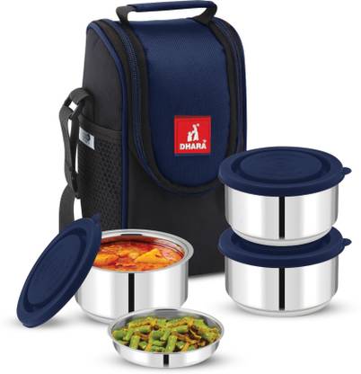 Dhara Stainless Steel Double Wall Insulated 3 Containers Lunch Box