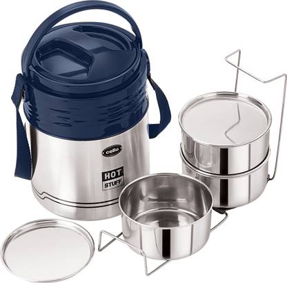cello HOT Stuff-3 Stainless Steel Insulated Lunch Carrier,Colour- Blue,3 Containers 3 Containers Lunch Box