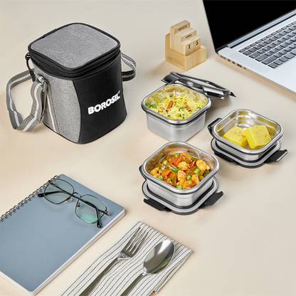 BOROSIL Feast Lunch Box with Bag Set of 3 (520ml x 1 + 400ml x 1 + 250ml x 1) Tiffin 3 Containers Lunch Box