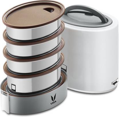 Vaya Jumbo 1300 ml White Polished Stainless Steel Tiffin Box without BagMat 4 Containers Lunch Box