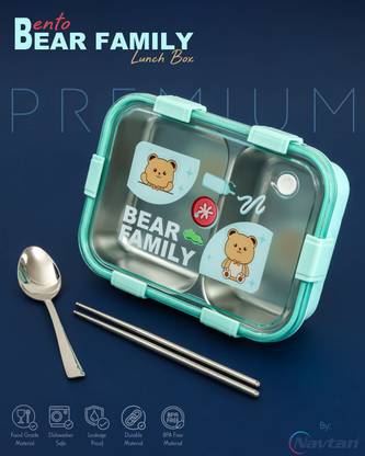 NAVTAN Bento Bear Family 2 Section Stainless Steel Lunch Box With Spoon & Chopsticks 2 Containers Lunch Box