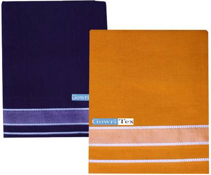 GOWRI TEX Solid Dark Blue, Yellow Lungi