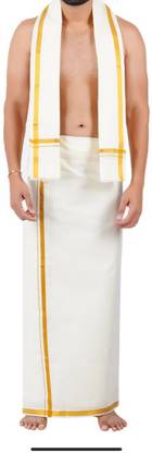 JUPALAW Solid, Striped White, Gold Lungi