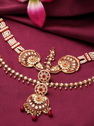 YELLOW CHIMES Gold Plated Kundan Studded Meenakari Touch Multilayer White Beads Hair Chain