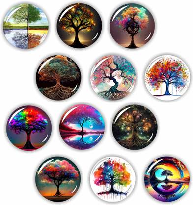 RANGOLI 35mm Beautiful Tree 3D Glass Fridge Magnets for Home Decoration and Gifting Fridge Magnet, Magnetic Paper Holder Pack of 12
