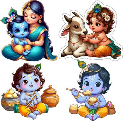 AMFLY Set of 4 Lord Krishna Fridge Magnet with Indian Mythological Figures Fridge Magnet, Door Magnet, Kitchen Organiser Magnet Pack of 1