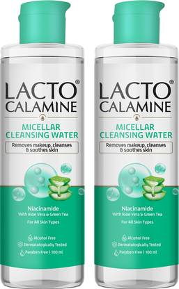 Lacto Calamine Micellar Cleansing Water with Aloe Vera, Green Tea and Niacinamide | Pack of 2 Makeup Remover